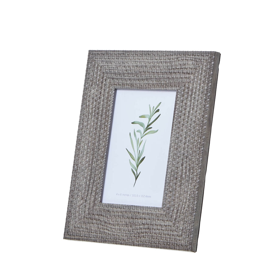 Handwoven grey-washed wooden photo frame, rustic modern design, fits 4x6 pictures, artisanal texture for home decor. by Sostter at brixbailey.com