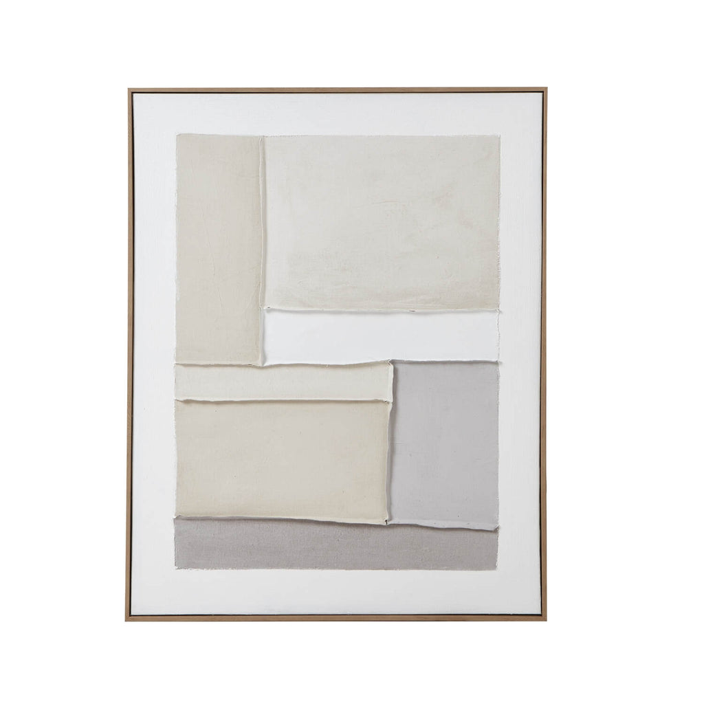 Abstract geometric canvas art in cream, white, and grey tones with champagne wood frame for modern interiors by Sostter at brixbailey.com
