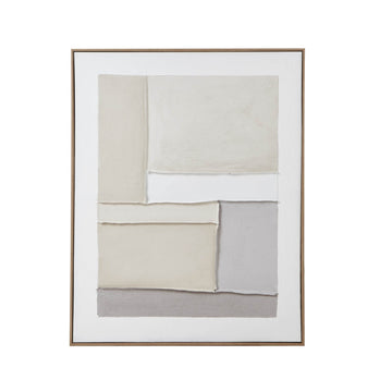 Abstract geometric canvas art in cream, white, and grey tones with champagne wood frame for modern interiors by Sostter at brixbailey.com