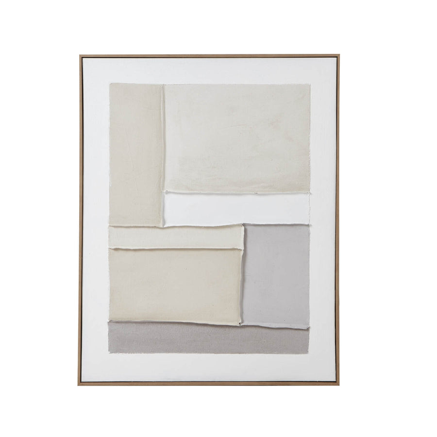 Abstract geometric canvas art in cream, white, and grey tones with champagne wood frame for modern interiors by Sostter at brixbailey.com