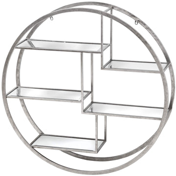 Modern silver metal wall hanging with geometric circular shelves for decor, 92cm wide.by Sostter at brixbailey.com