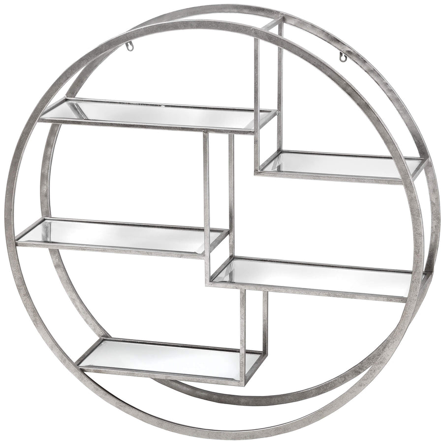 Modern silver metal wall hanging with geometric circular shelves for decor, 92cm wide.by Sostter at brixbailey.com