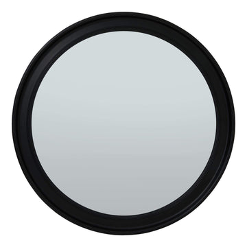 Black wood-framed round mirror, 120cm diameter, solid wood frame, enhances light and space in modern interiors by Sostter at brixbailey.com