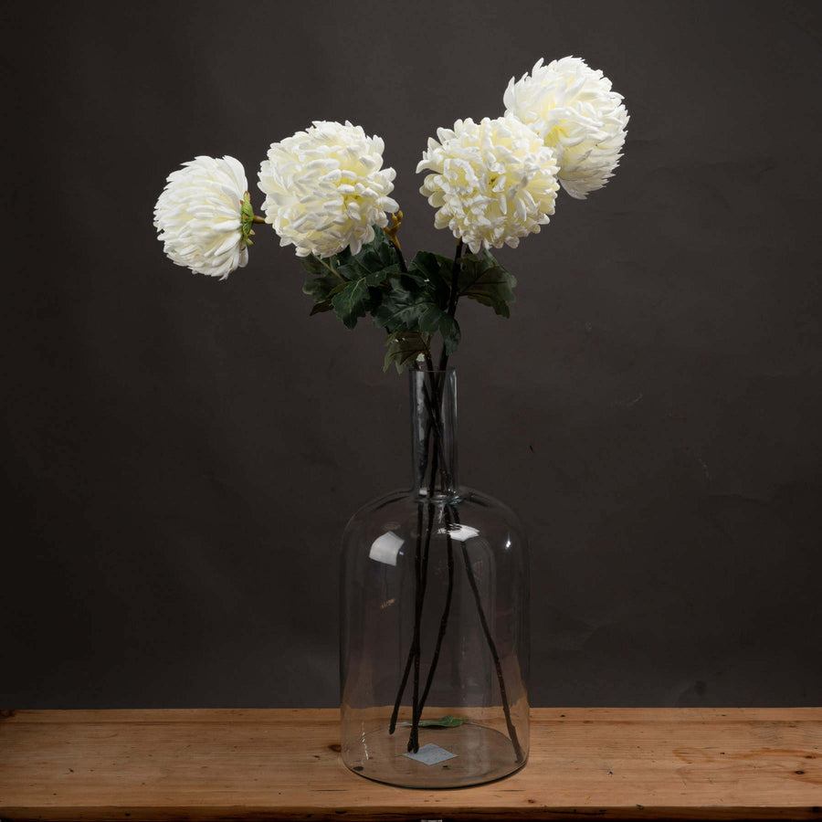 White artificial chrysanthemum stem with hyper-realistic petals, 87cm tall, perfect for home decor arrangements by Sostter at brixbailey.com