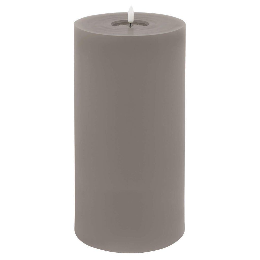 Grey LED wax candle with realistic dripping effect, flickering glow, and elegant texture for safe home decor by Sostter at brixbailey.com