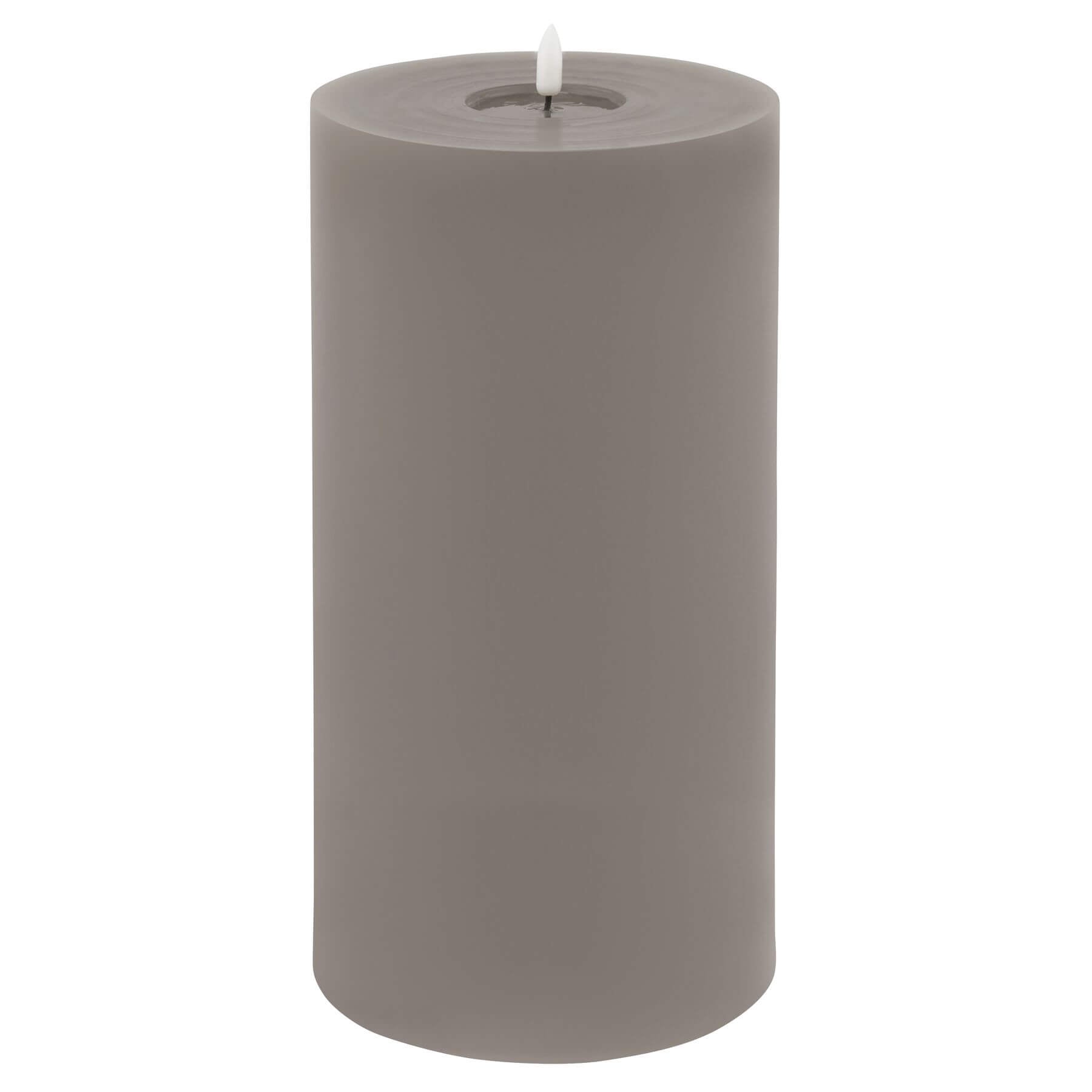 Grey LED wax candle with realistic dripping effect, flickering glow, and elegant texture for safe home decor by Sostter at brixbailey.com