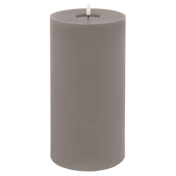 Grey LED wax candle with realistic dripping effect, flickering glow, and elegant texture for safe home decor by Hill Interiors at brixbailey.com