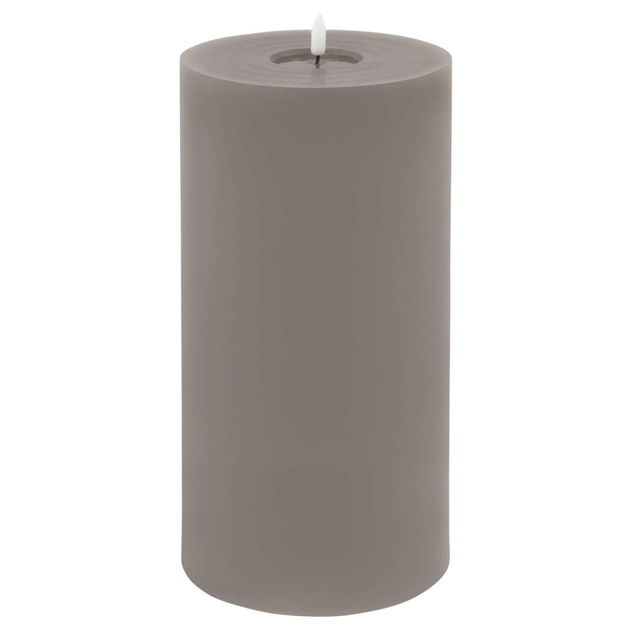 Grey LED wax candle with realistic dripping effect, flickering glow, and elegant texture for safe home decor by Hill Interiors at brixbailey.com