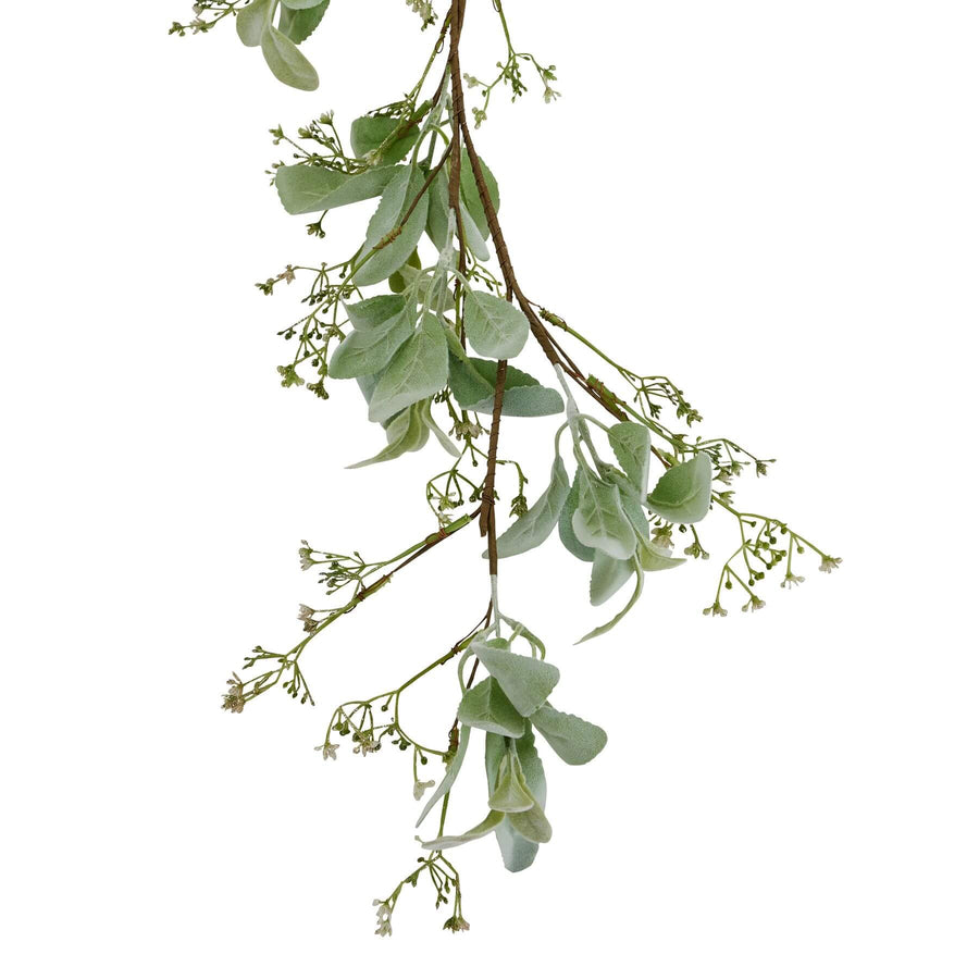 Elegant winter garland with soft grey lamb's ear foliage and delicate wax flowers, 153cm long for mantels or tables by Sostter at brixbailey.com