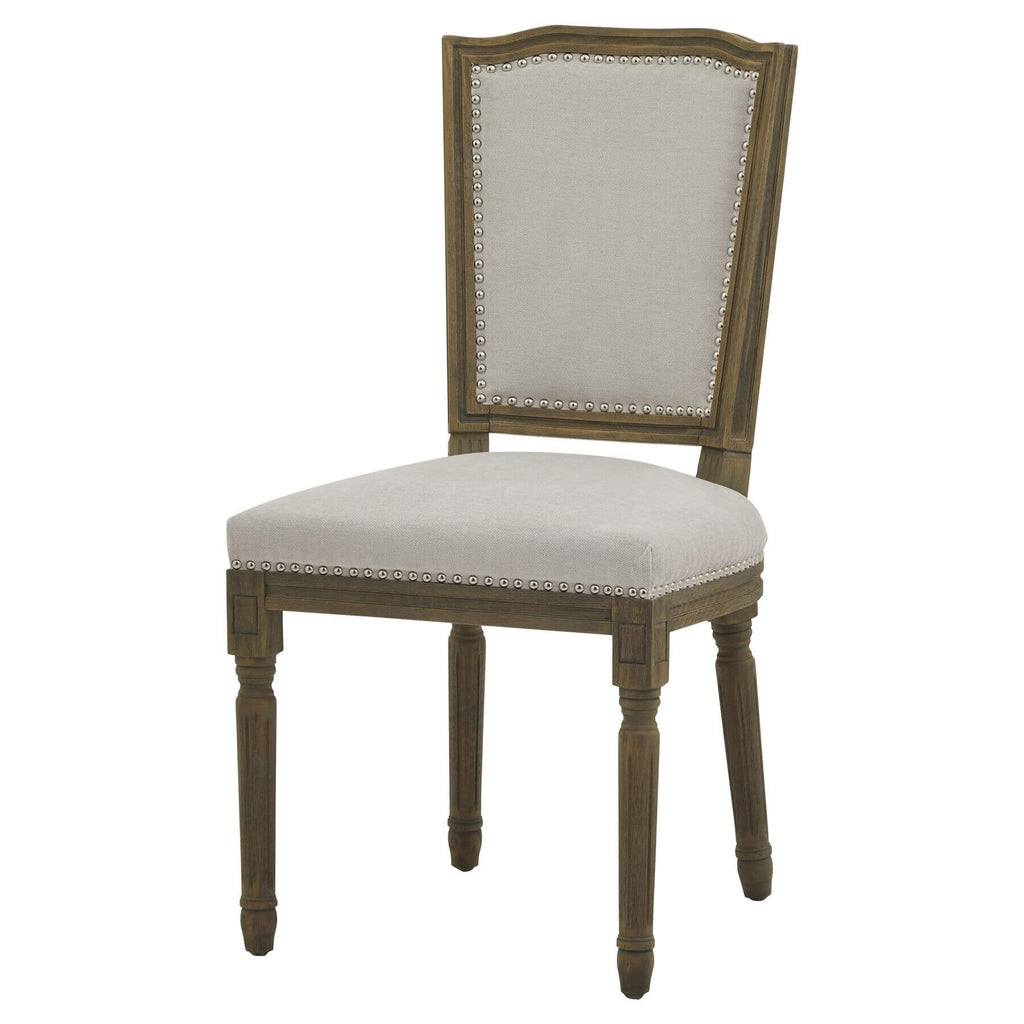 Grey Ripley dining chair with handcarved rubberwood frame and neutral woven upholstery, ergonomic design by Sostter at brixbailey.com