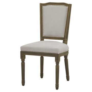 Grey Ripley dining chair with handcarved rubberwood frame and neutral woven upholstery, ergonomic design by Sostter at brixbailey.com