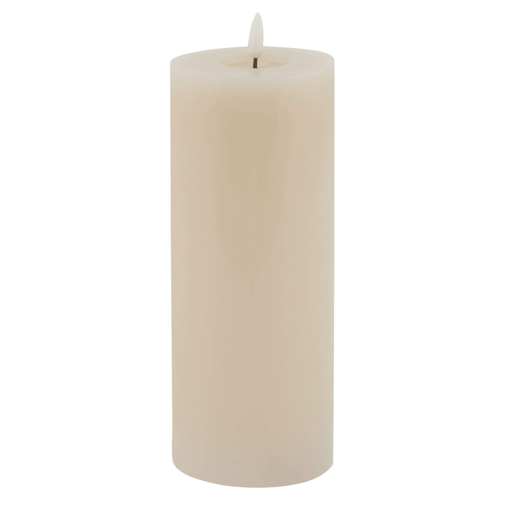 Taupe LED wax candle with realistic dripping effect, flickering flame, and neutral decor-friendly design from Luxe Collection by Sostter at brixbailey.com