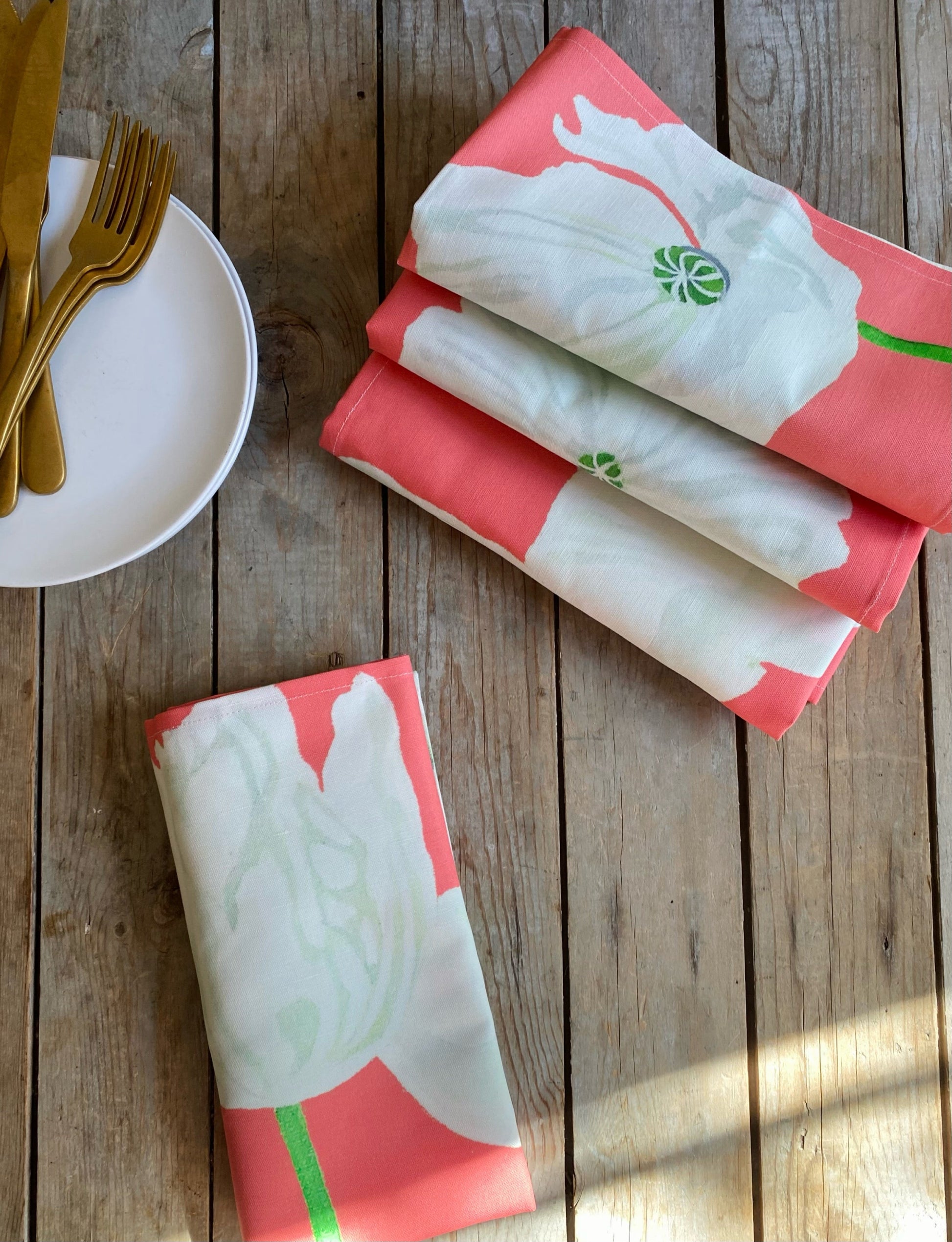 White Poppies on Pink Linen Napkins Set of Four