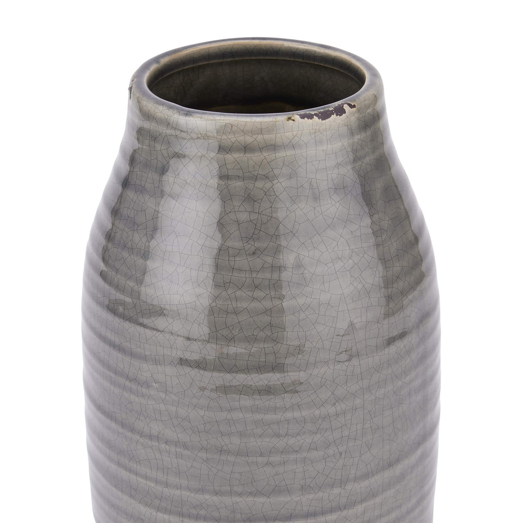 Handcrafted grey ceramic vase with crackle-glazed finish and distressed details, perfect for floral arrangements or decor. by Sostter at brixbailey.com