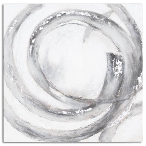 Hand-painted abstract canvas with swirling silver and grey tones on wood frame, 150cm square by Sostter at brixbailey.com
