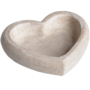 Handcrafted stone heart dish in warm cream, rustic antiqued finish, 23cm wide with deep well for decor or catchall. by Sostter at brixbailey.com