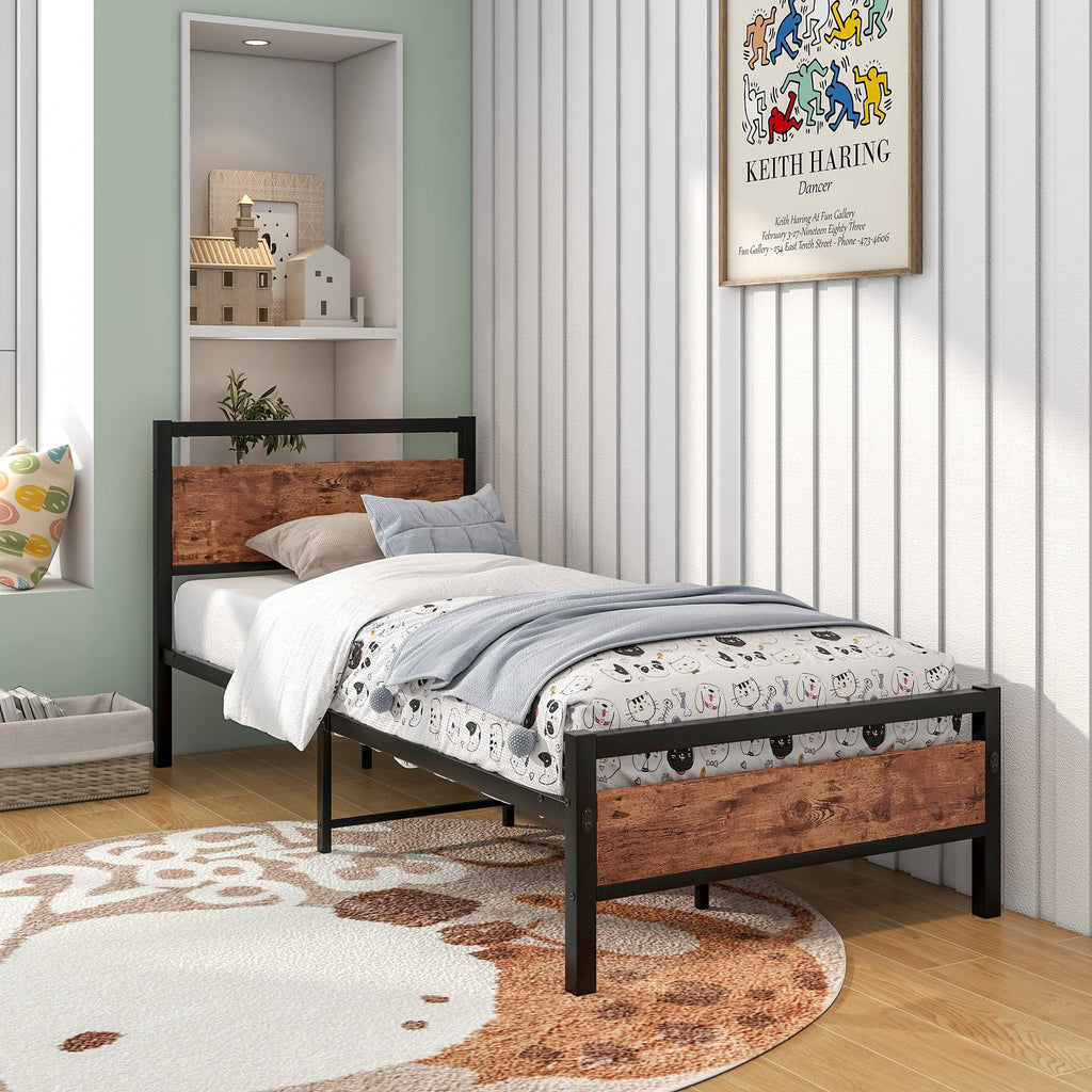 Industrial Metal Single Bed Frame with Wood Headboard