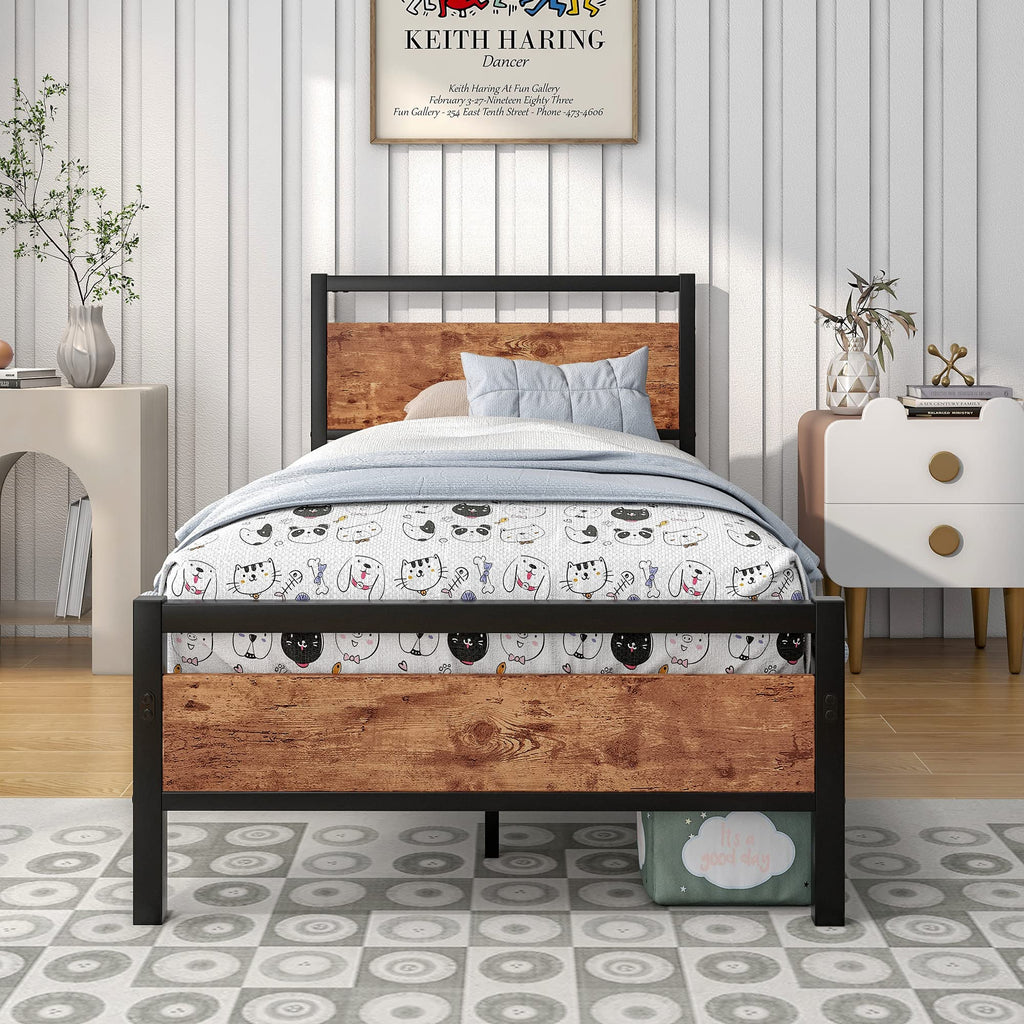 Industrial Metal Single Bed Frame with Wood Headboard