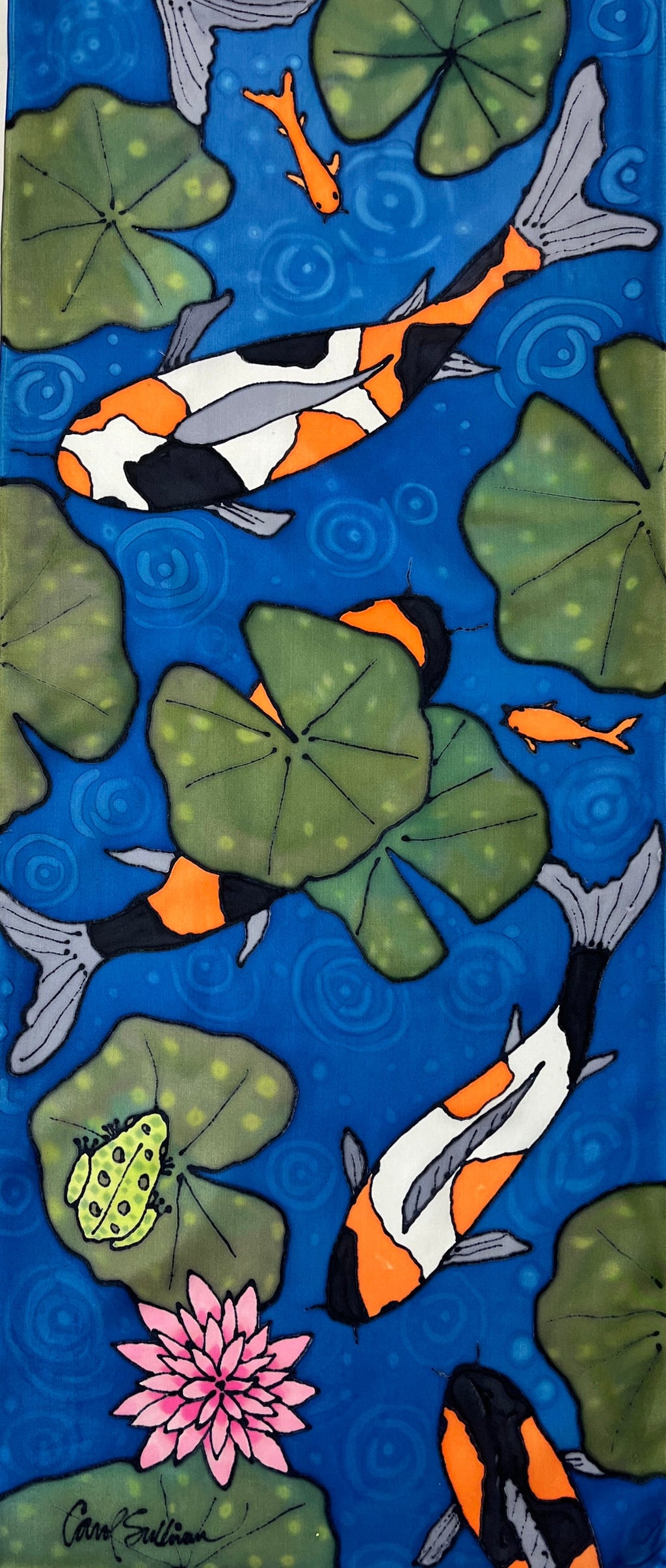 "Koi in Rainy Pond” - Hand-dyed Silk Wall Hanging  - $365