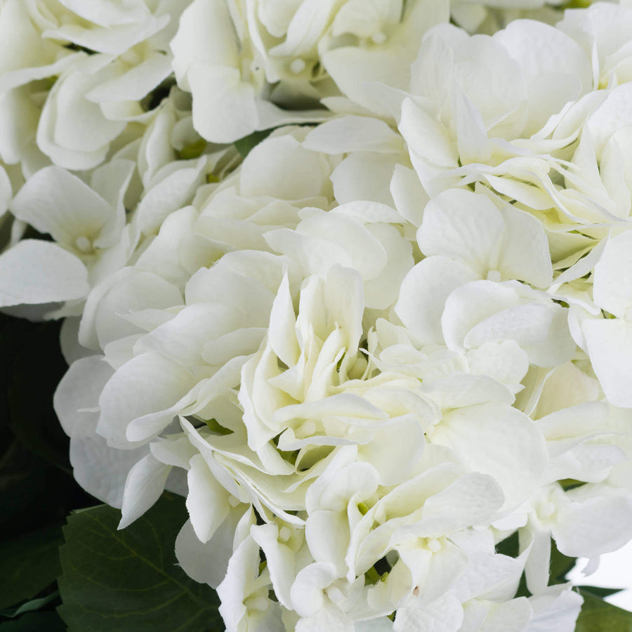 Creamy white lifelike hydrangea bouquet, ultra-realistic artificial flowers with natural tonal variations, 54cm tall by Sostter at brixbailey.com