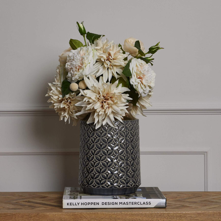 Handcrafted caramel ceramic vase with ancient Greek lebes silhouette, warm finish, and wide floral opening. by Sostter at brixbailey.com