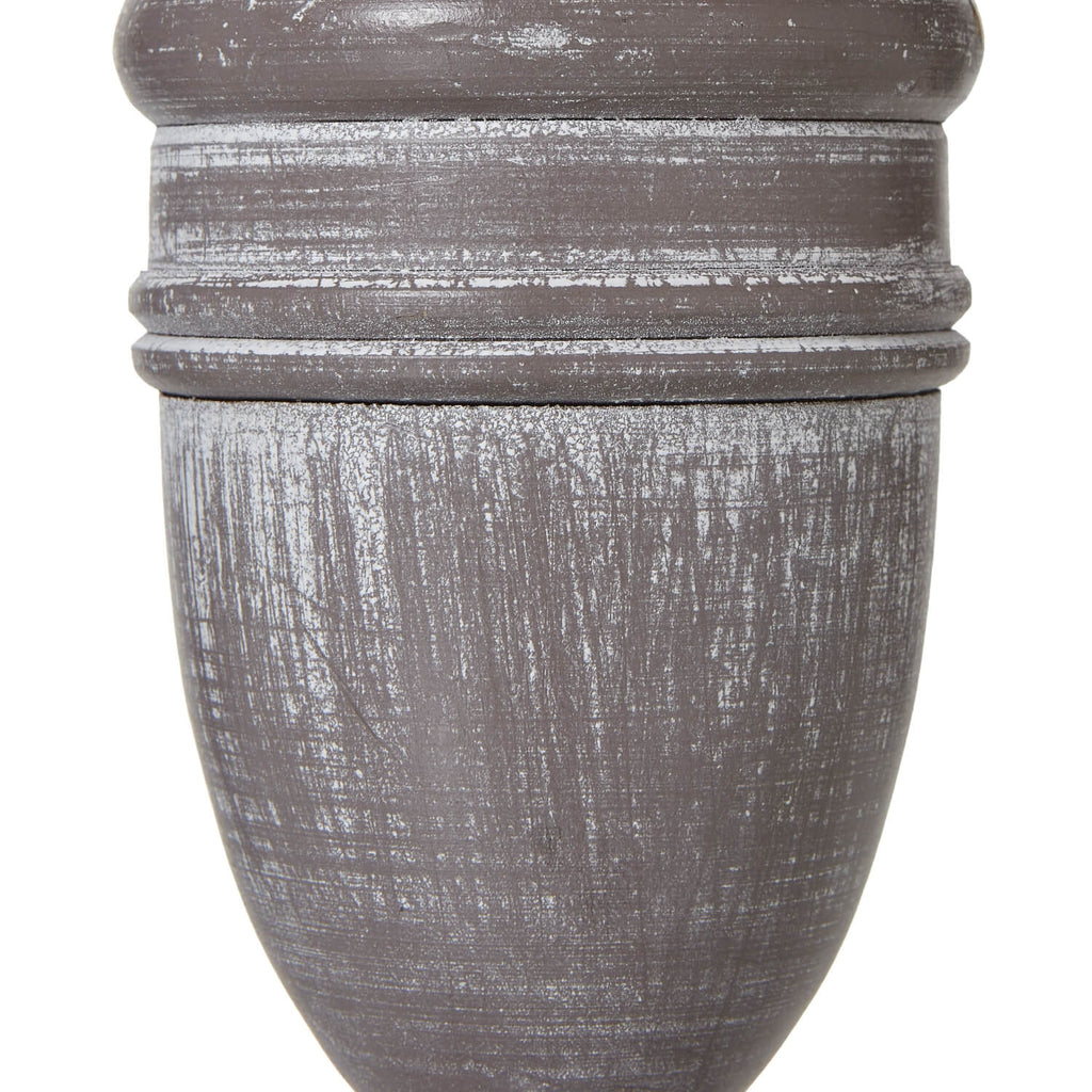 Distressed white wood Metis Urn Table Lamp with neutral linen shade, rustic farmhouse decor by Sostter at brixbailey.com