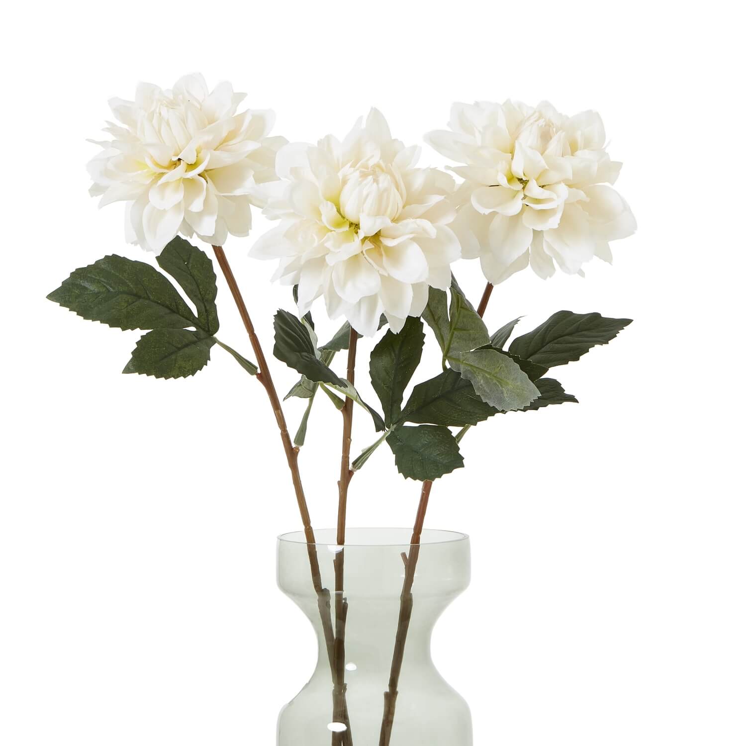 Tall white artificial dahlia flower with realistic layered petals and green foliage, 83cm tall, for home decor by Sostter at brixbailey.com