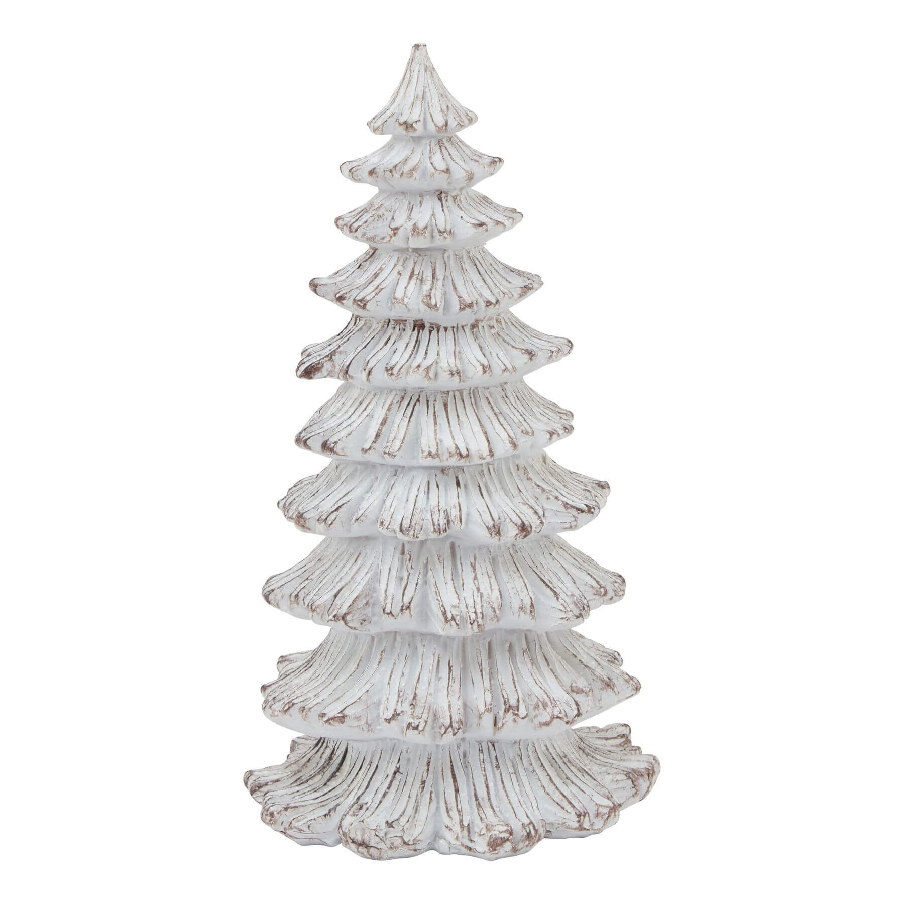 Handcrafted snowy fir tree sculpture in white resin with lifelike snow-dusted evergreen details, 25cm tall. by sostter at brixbailey.com