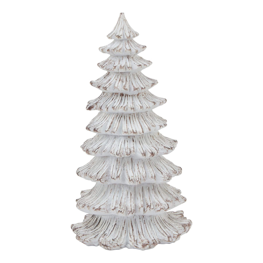 Handcrafted snowy fir tree sculpture in white resin with lifelike snow-dusted evergreen details, 25cm tall. by Sostter at brixbailey.com