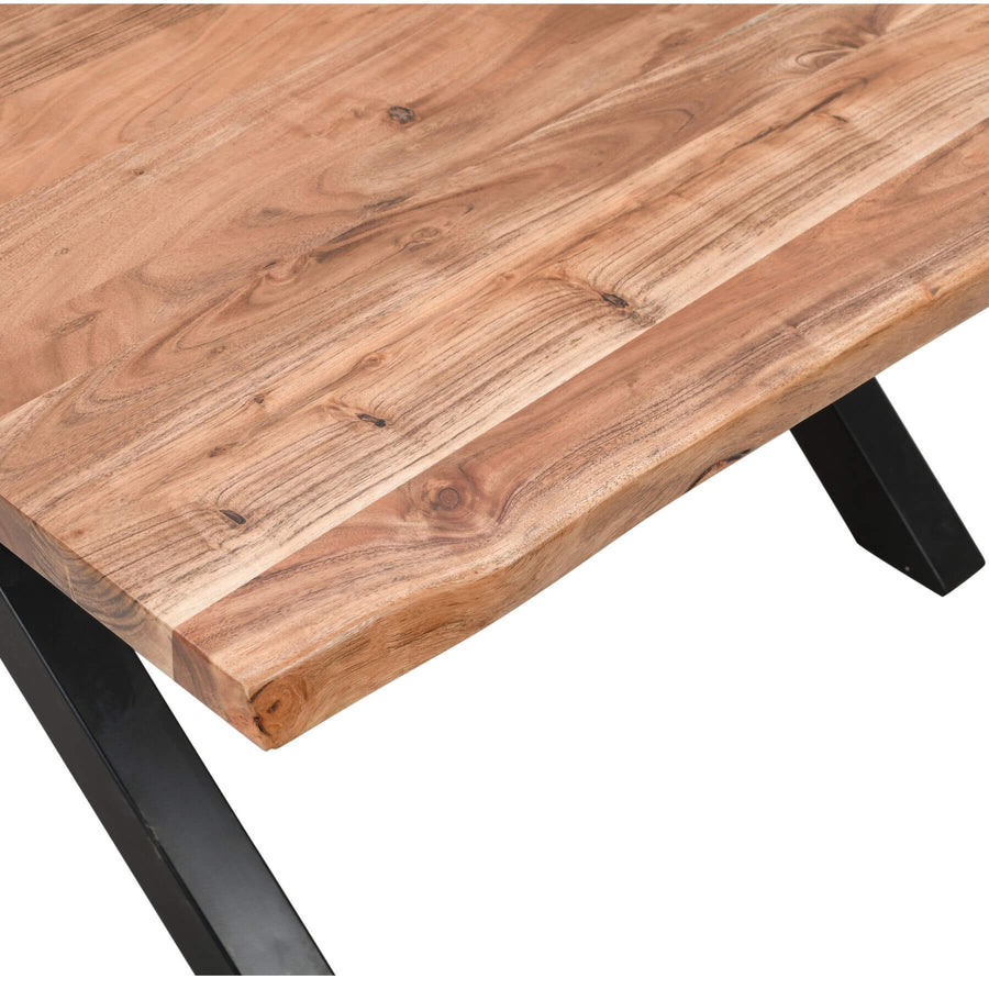Live edge square dining table with Acacia wood top and black steel legs, seats 8, rustic-modern design. by Sostter at brixbailey.com