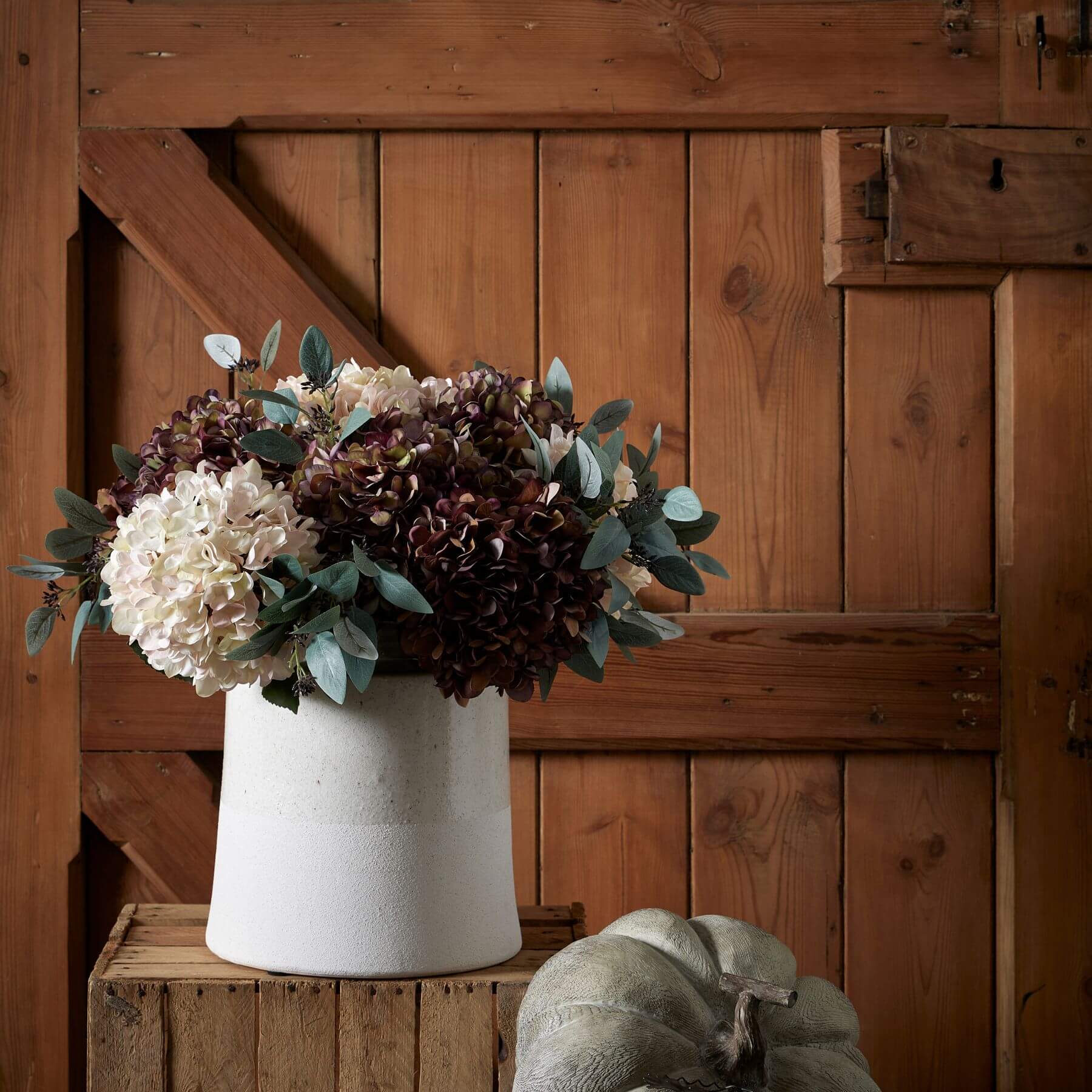 Hand-painted coffee-toned hydrangea stem with realistic petals and bendable wire for autumn floral arrangements by Sostter at brixbailey.com