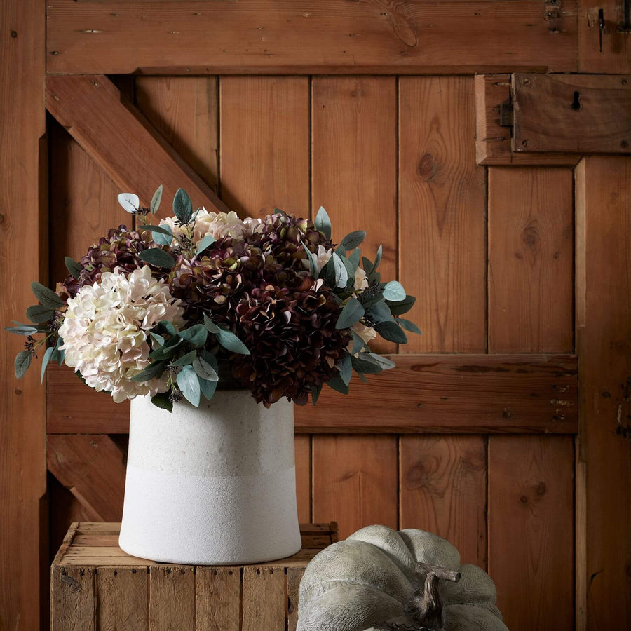 Hand-painted coffee-toned hydrangea stem with realistic petals and bendable wire for autumn floral arrangements by Sostter at brixbailey.com