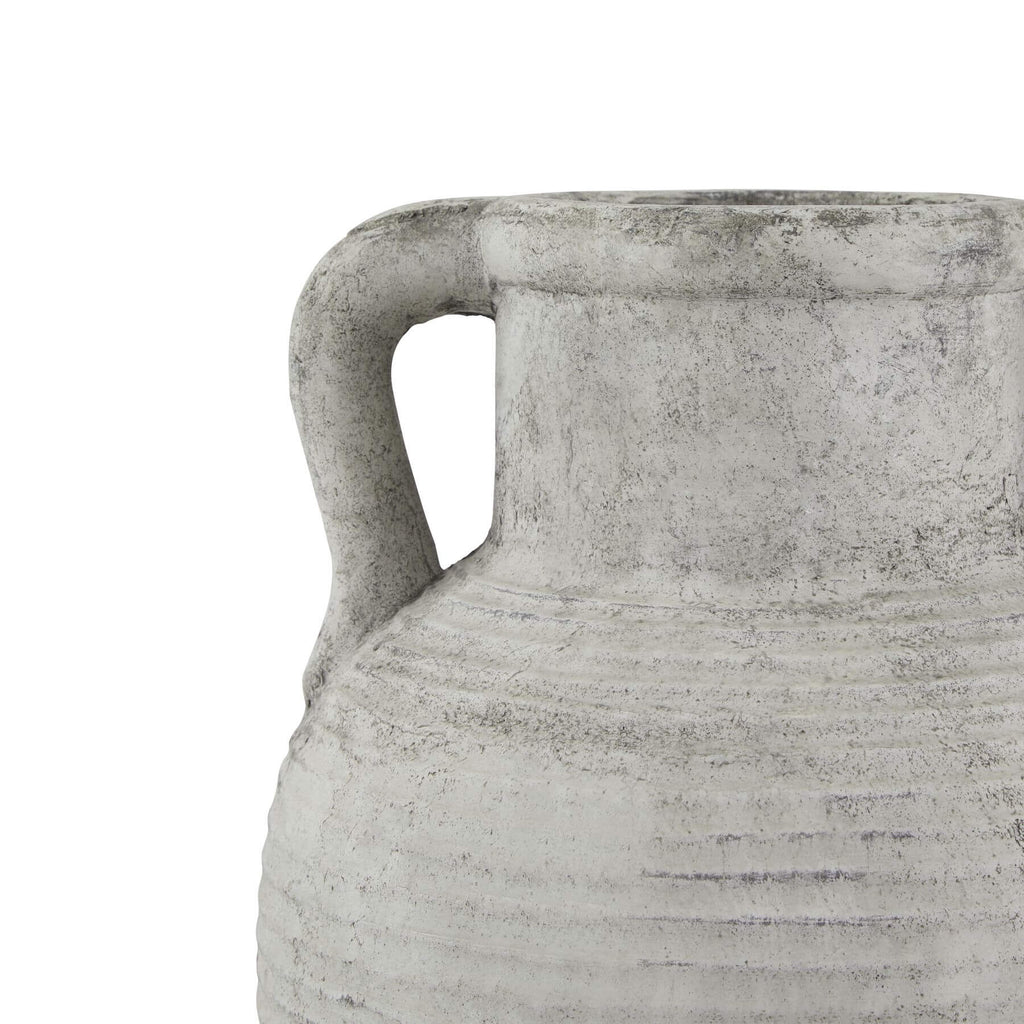 Handcrafted white ceramic Athena amphora pot with gray patina, twin handles, and textured stone-effect finish for home decor. by Sostter at brixbailey.com