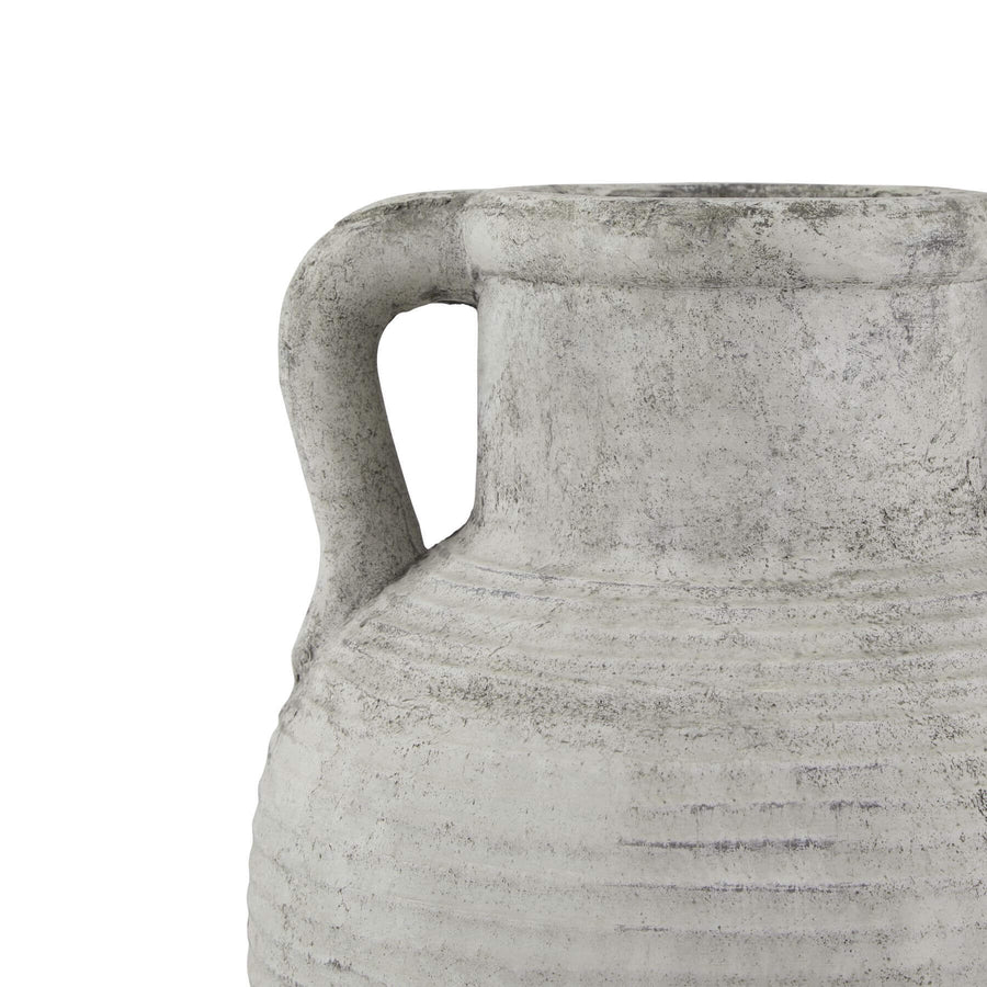 Handcrafted white ceramic Athena amphora pot with gray patina, twin handles, and textured stone-effect finish for home decor. by Sostter at brixbailey.com