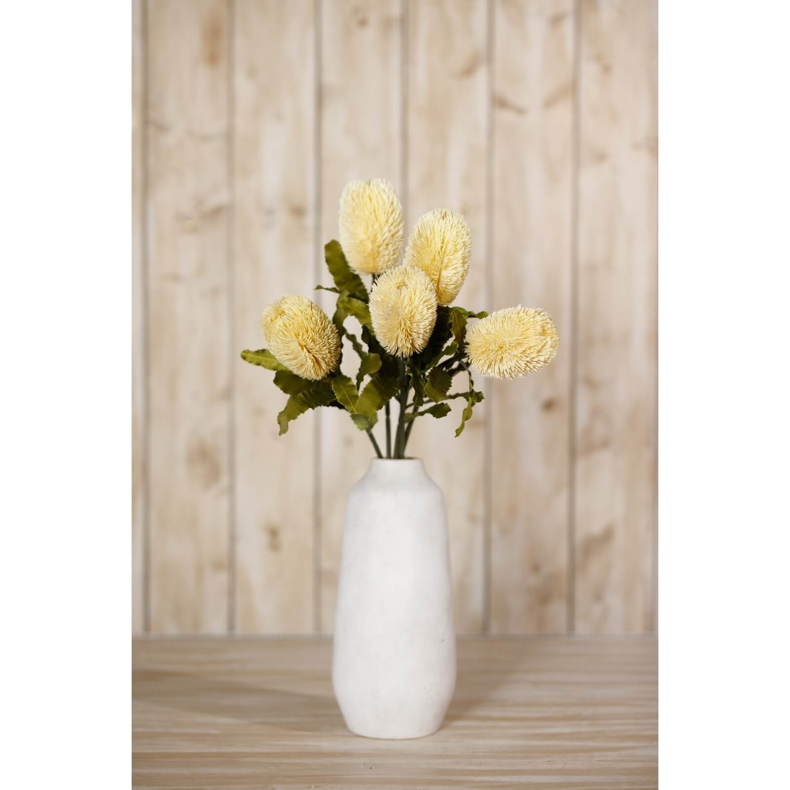 Banksia serrata faux stem with feathery cream blooms and green accents, 65cm lifelike artificial plant for home decor by Sostter at brixbailey.com