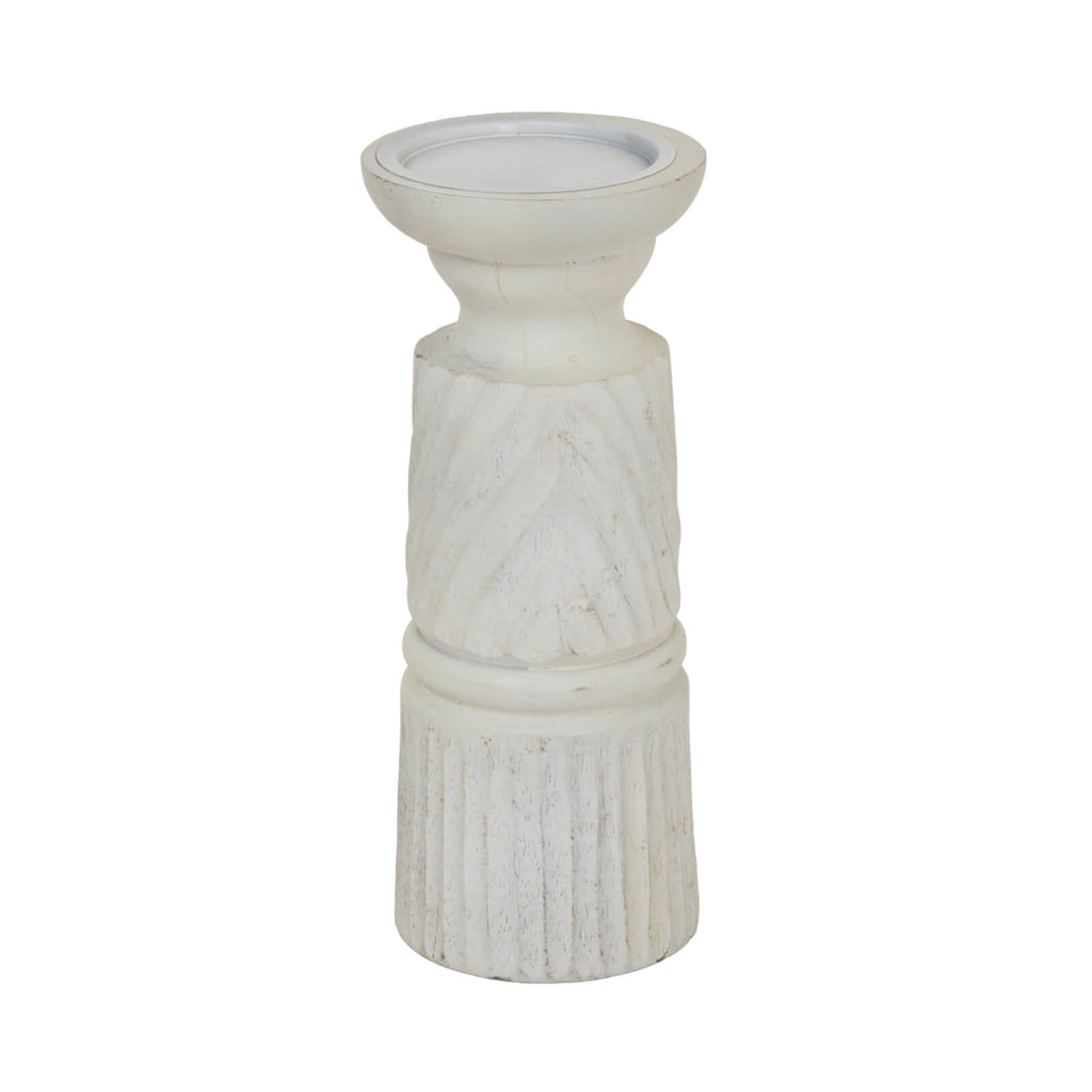 White carved wood candle holder with geometric patterns, 25cm tall, for elegant home decor centerpiece by RoomLondon at brixbailey.com