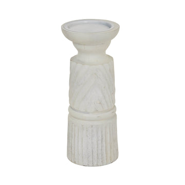 White carved wood candle holder with geometric patterns, 25cm tall, for elegant home decor centerpiece by Sostter at brixbailey.com