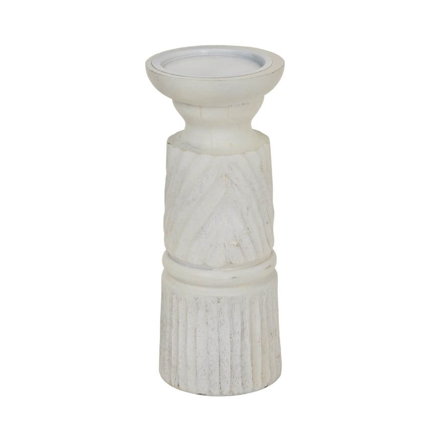 White carved wood candle holder with geometric patterns, 25cm tall, for elegant home decor centerpiece by Sostter at brixbailey.com