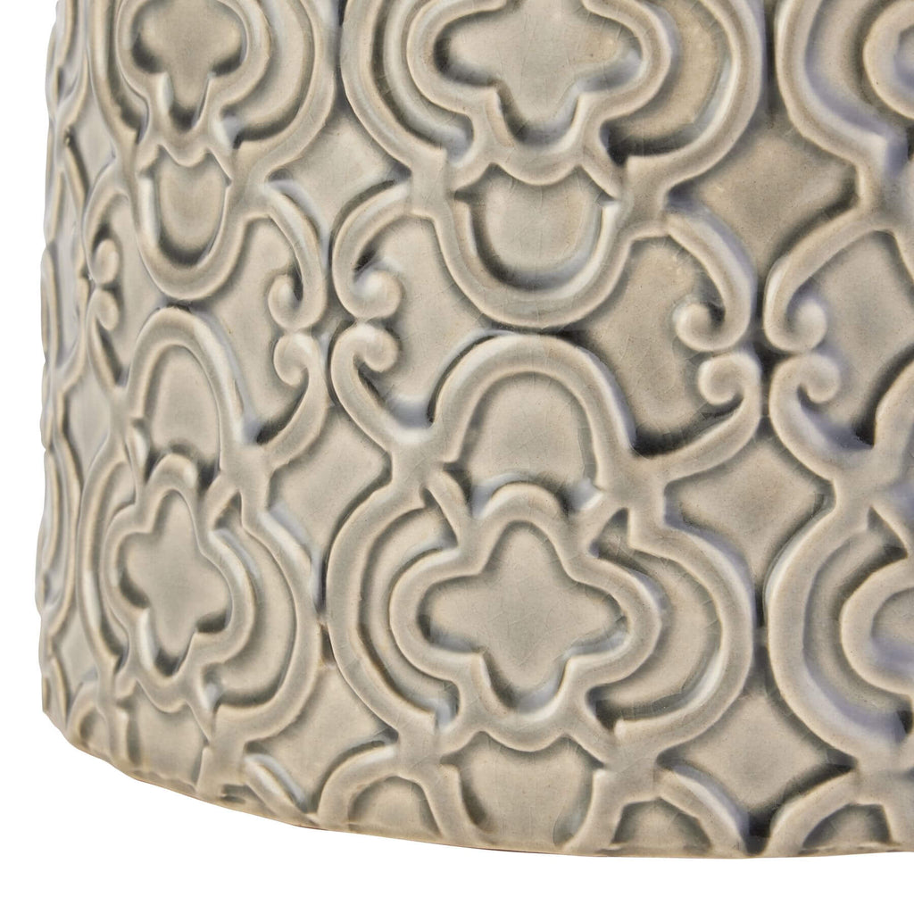 Handcrafted ceramic urn with Marrakesh-inspired grey glaze, intricate raised patterns, and removable lid â€“ 20cm modern decor piece by Sostter at brixbailey.com
