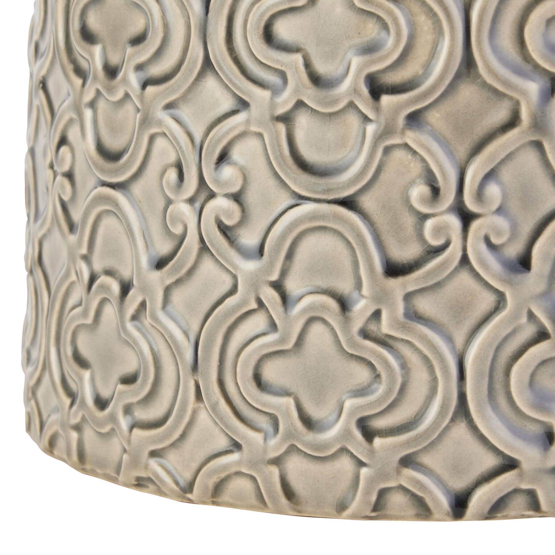 Handcrafted ceramic urn with Marrakesh-inspired grey glaze, intricate raised patterns, and removable lid â€“ 20cm modern decor piece by Sostter at brixbailey.com