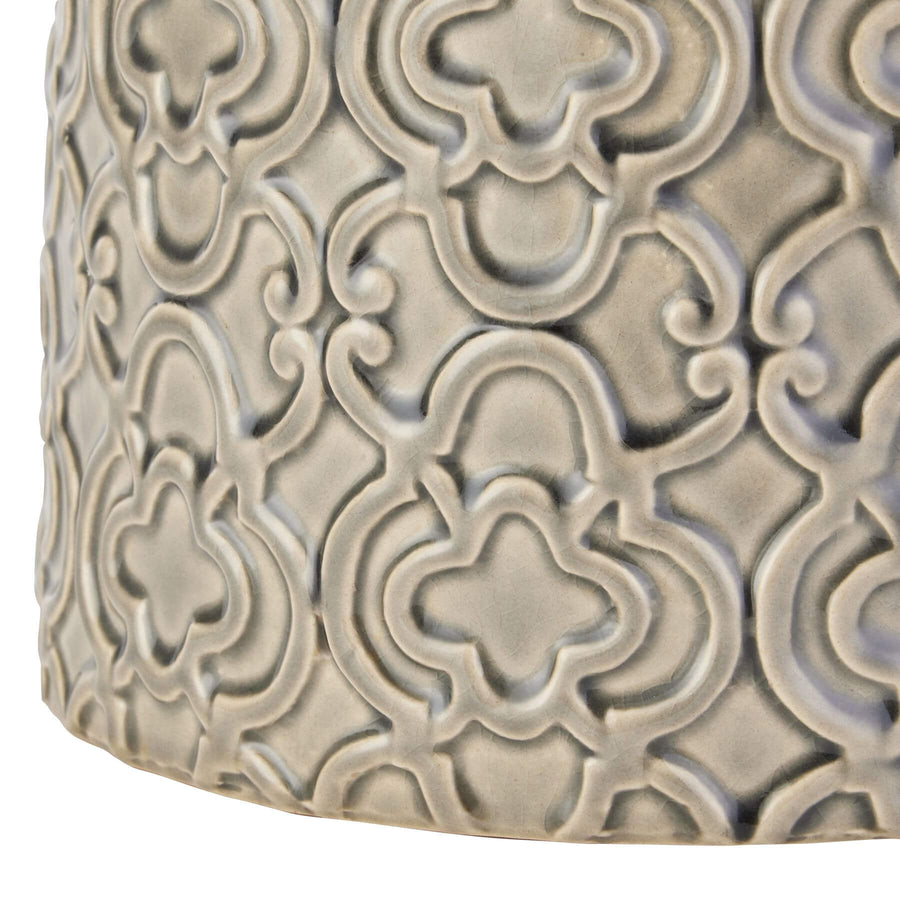 Handcrafted ceramic urn with Marrakesh-inspired grey glaze, intricate raised patterns, and removable lid â€“ 20cm modern decor piece by Sostter at brixbailey.com