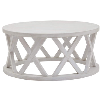 Distressed white pine round coffee table with lattice design, rustic-modern centerpiece for living room decor. by Sostter at brixbailey.com
