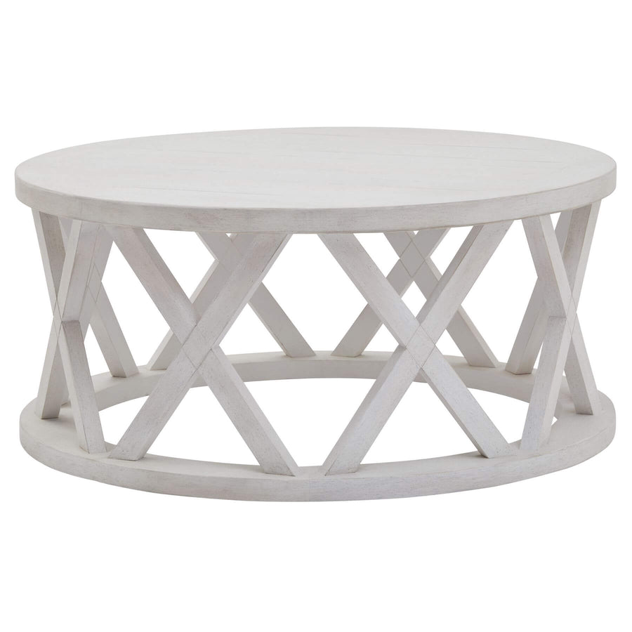 Distressed white pine round coffee table with lattice design, rustic-modern centerpiece for living room decor. by Sostter at brixbailey.com