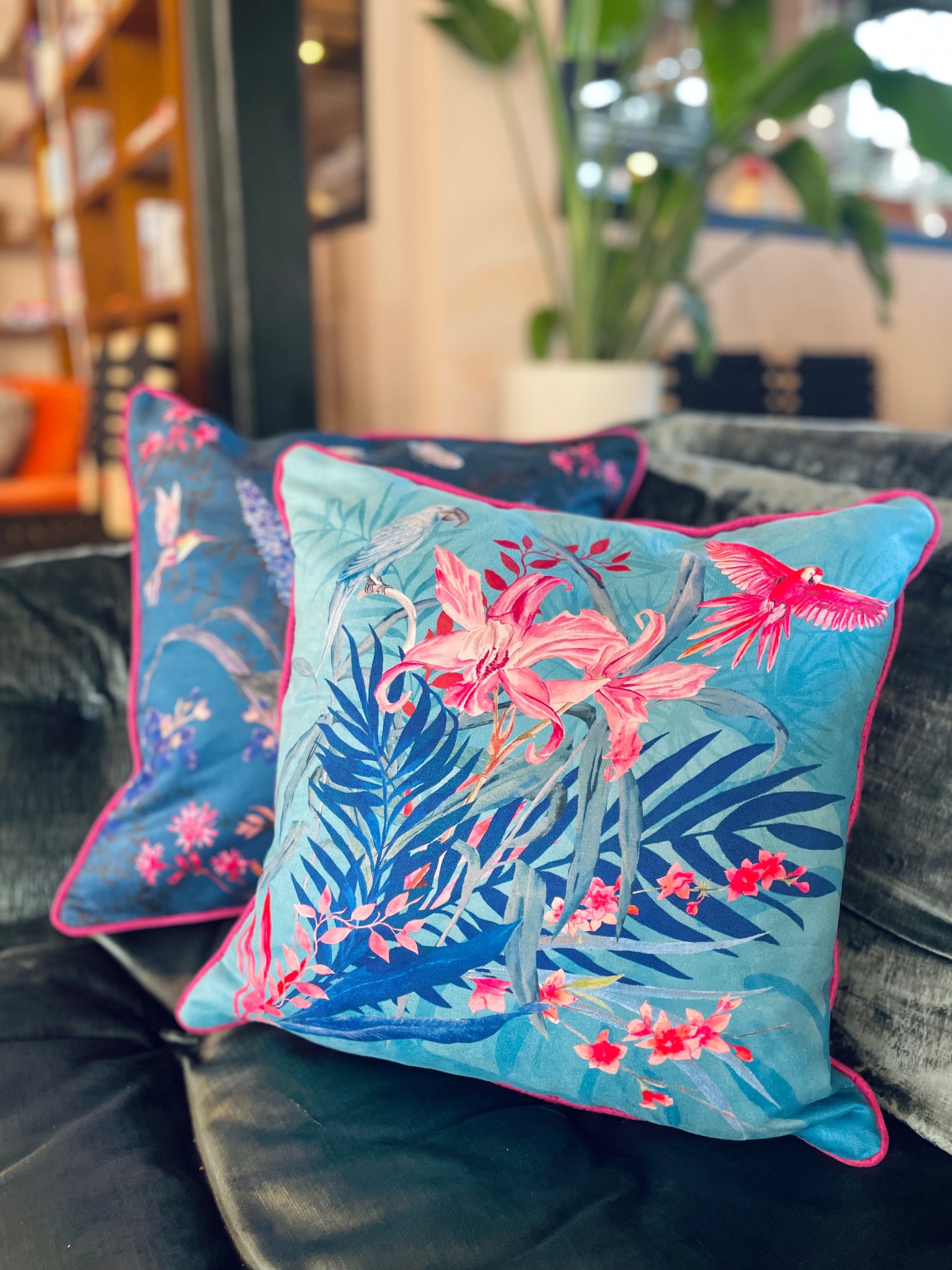 Turquoise Tropical Watercolour Cushion Jungala Double Sided Vegan Suede