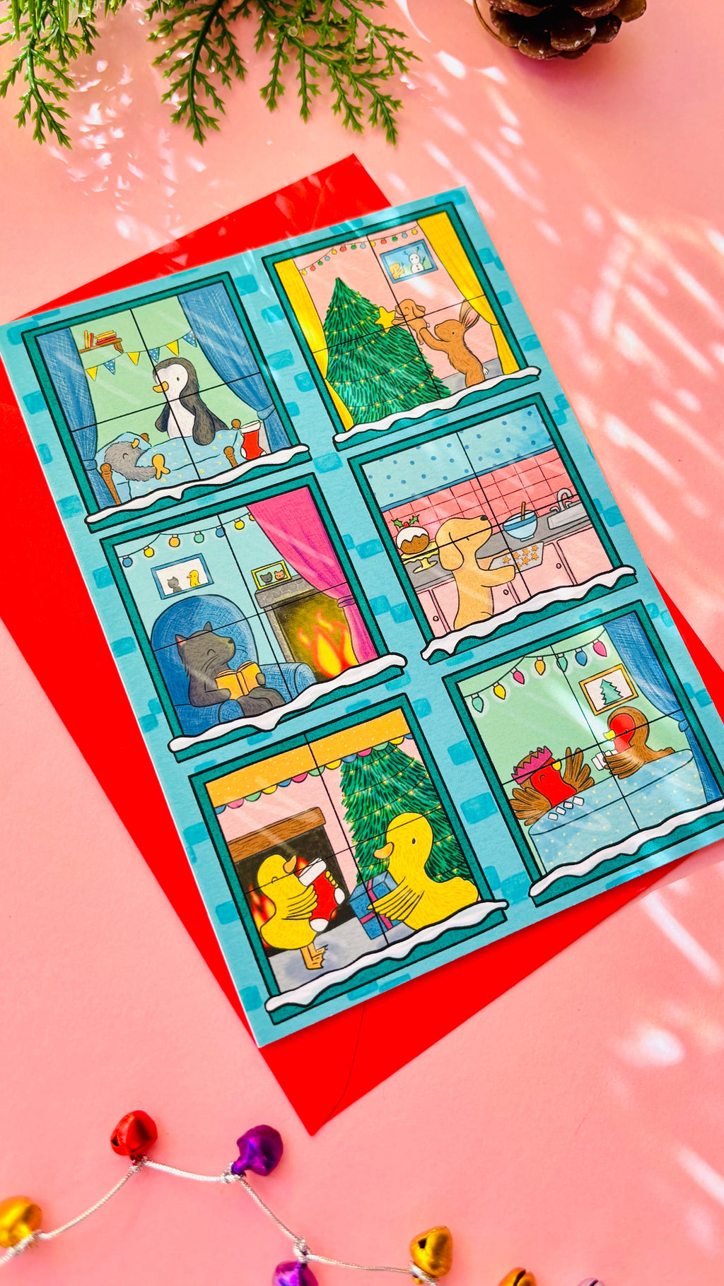 Illustrated animals Christmas scene A6 greetings card