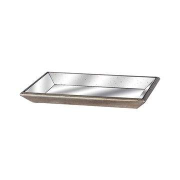 Gold vintage mirrored tray with distressed glass and wooden accents, perfect for home decor or vanity organization by Sostter at brixbailey.com