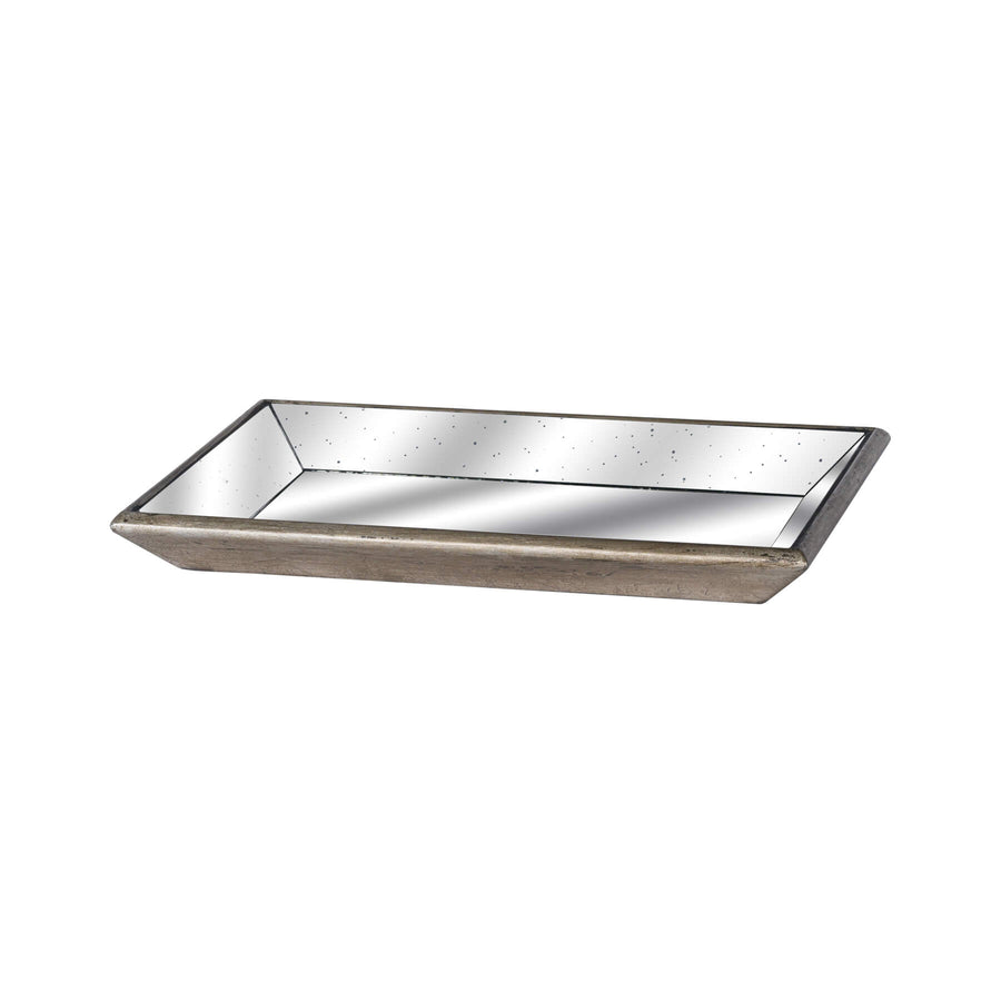 Gold vintage mirrored tray with distressed glass and wooden accents, perfect for home decor or vanity organization by Sostter at brixbailey.com