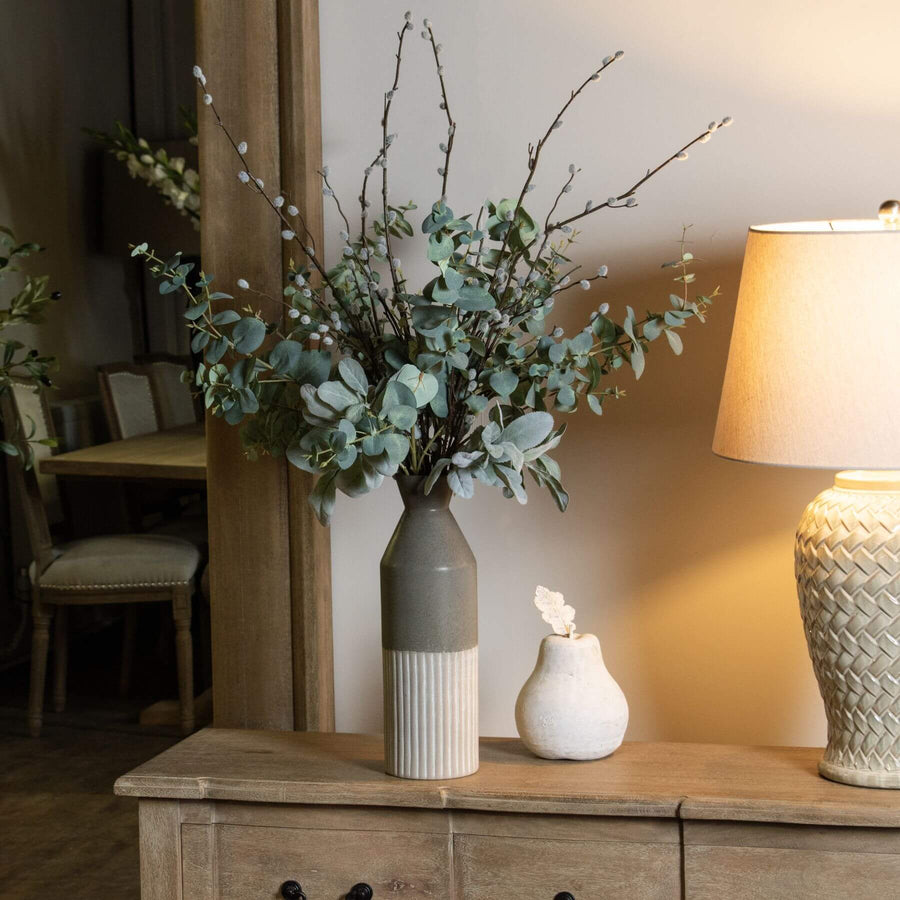 Handcrafted grey ceramic vase with minimalist elliptical silhouette, 40cm tall, matte finish for modern decor. by Sostter at brixbailey.com