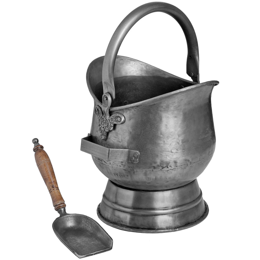 Handcrafted antique pewter coal bucket and shovel set with floral embossing, rustic brown patina, for fireplace or farmhouse decor. by Sostter at brixbailey.com