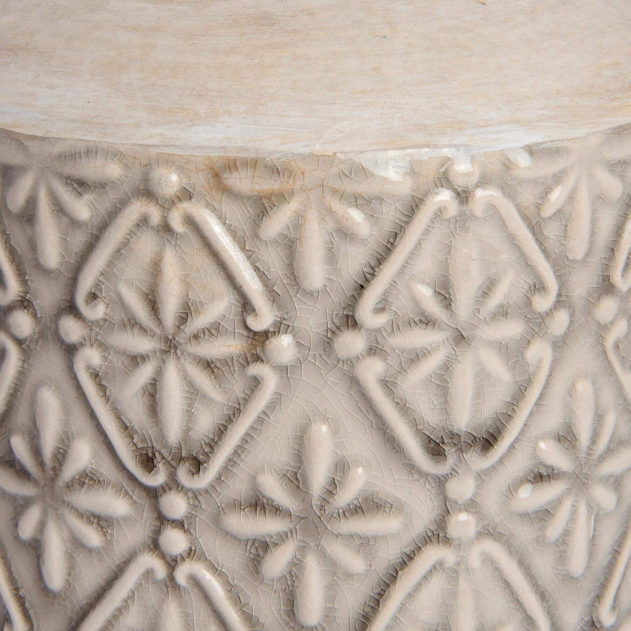 White ceramic-style plastic vase with textured artisan patterns, 26cm tall, modern architectural home decor by Sostter at brixbailey.com